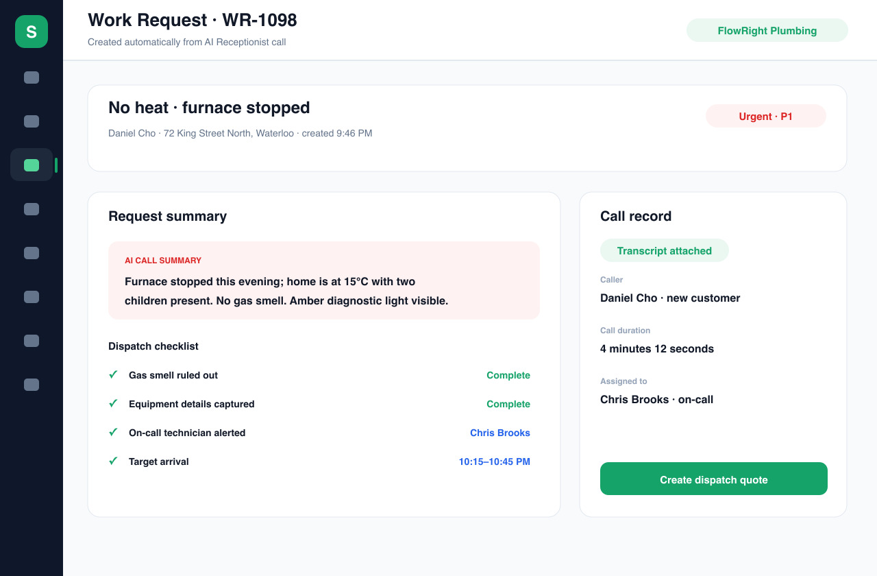 Service Zen demo work request with captured receptionist conversation details