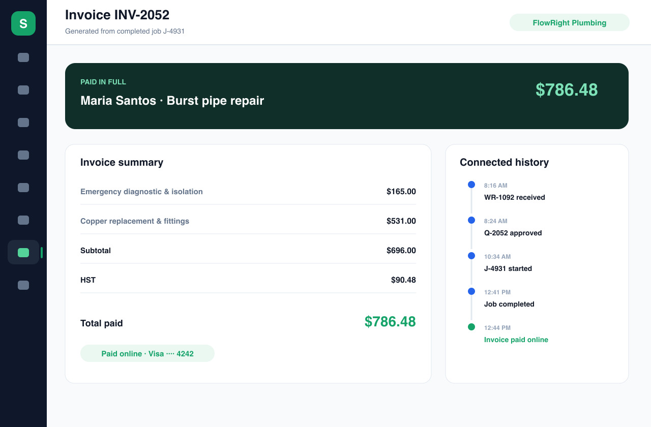 Service Zen demo invoice showing job details and payment history